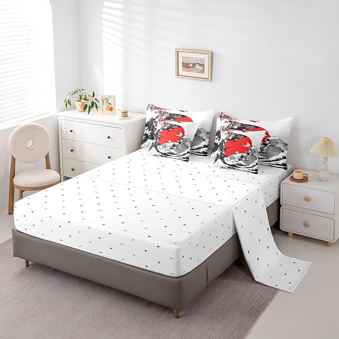 Erosebridal Mount Fuji Bed in a Bag Full Size Japanese Style Koi Fish Duvet Insert Ukiyo-E Theme 7 Piece Comforter Set Mountain Cherry Blossom Red Sun Ink Painting Flat Fitted Sheet,Black White