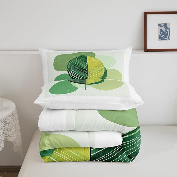 Erosebridal Green Modern Bedding Set Queen Mid Century Comforter Set, Hippie Minimalist Duvet Insert Abstract Leaves Down Comforter, Aesthetic Geometric Bedding Comforter Sets White Bedroom Decoration