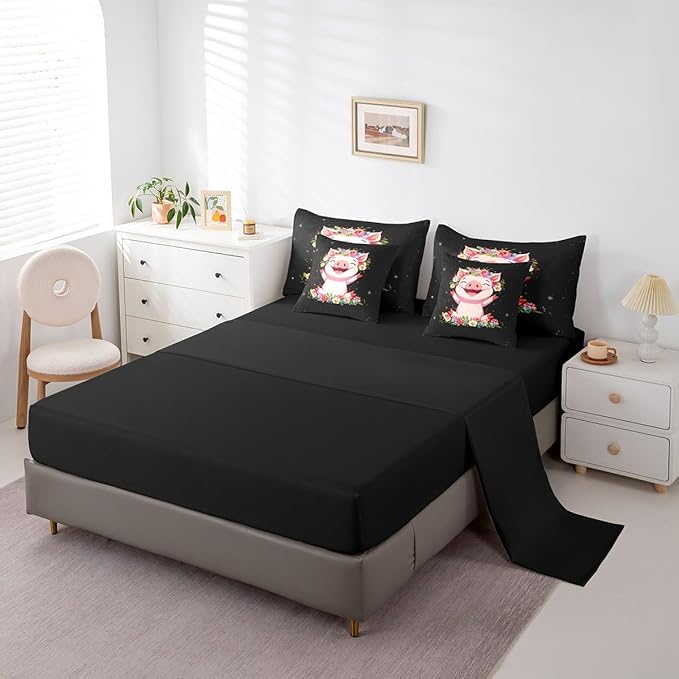 Erosebridal Pink Pig 7 Piece Comforter Set for Girls Kawaii Room Decor Queen,Rose Floral Leaf Bed in a Bag with Flat Sheet and Fitted Sheet,Cute Farm Animal Cartoon Bedding Set with Pillowcase & Sham