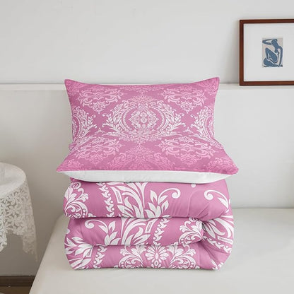 Feelyou Adults Pink Vintage Damask Floral Comforter Set Oriental Antique Comforter Queen Size Gothic Bohemia Boho Floral Bedding Set Bohemian Exotic Duvet Set Quilt Set 3Pcs
