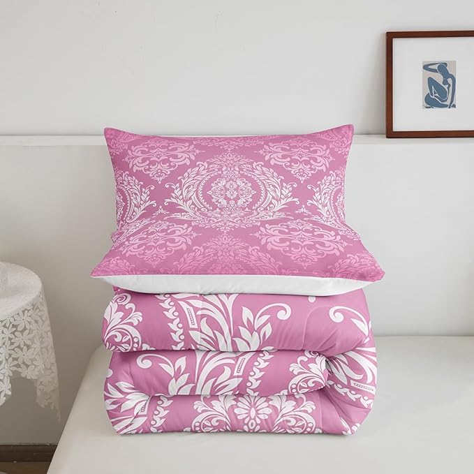 Feelyou Adults Pink Vintage Damask Floral Comforter Set Oriental Antique Comforter Twin Size Gothic Bohemia Boho Floral Bedding Set Bohemian Exotic Duvet Set Quilt Set 2Pcs
