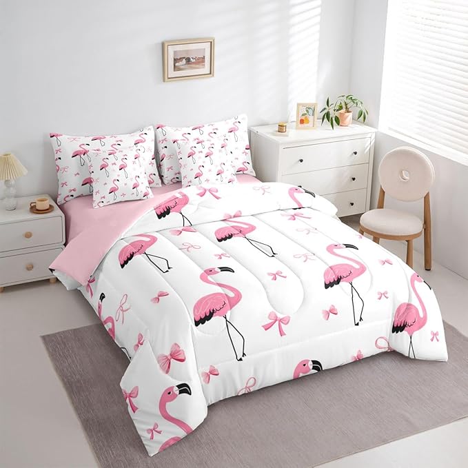 Erosebridal Bowknot Flamingo Girls Kawaii Black Pink 7 Piece Bedding Set Twin | Princess Comforter Set with Sheets Animal Aesthetic Y2K Bed in A Bag Cute Bow Bed Sets