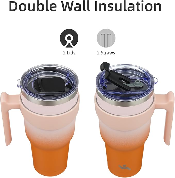 30 oz Tumbler with Handle and 2 Straw 2 Lid, Insulated Water Bottle Stainless Steel Vacuum Cup Reusable Travel Mug,Coral