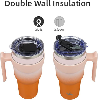 30 oz Tumbler with Handle and 2 Straw 2 Lid, Insulated Water Bottle Stainless Steel Vacuum Cup Reusable Travel Mug,Coral