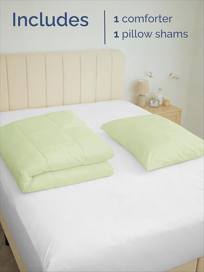 Twin Comforter Set - 2 Piece Bed Set for All Seasons - 1 Soft Quilted Comforter with Corner Tabs & 1 Pillow Sham - Comfy, Cozy & Breathable - Premium Down Duvet Insert - Twin Size, Emerald/Light Sage