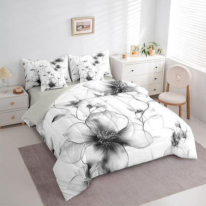 Erosebridal Black and White Comforter Set with Sheets King, Boho Flower 7 Pcs Bedding Set for Women Men Adults, Artistic Watercolor Floral Bed in A Bag, Ink Painting Style Blossom & Leaf Bed Sets