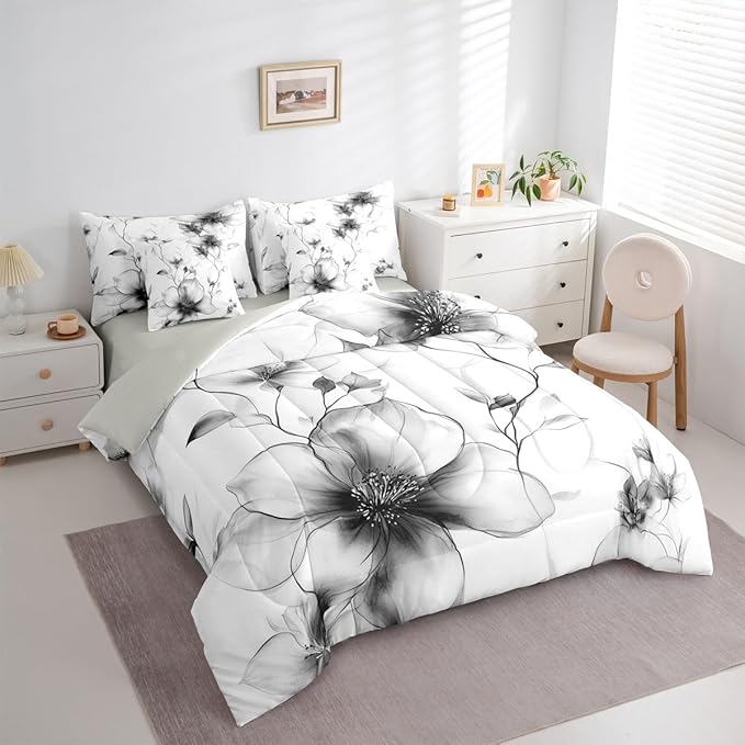 Erosebridal Black and White 7 Pcs Bedding Set Twin, Boho Flower Comforter Set with Sheets for Women Men Adults, Artistic Watercolor Floral Bed in A Bag, Ink Painting Style Blossom & Leaf Bed Sets