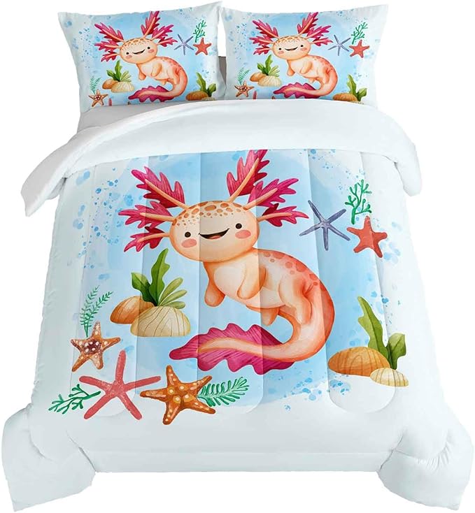 HOSIMA Axolotl Bedding Set for Kids Room Decor,Cartoon Starfish Pattern Kawaii Set,Full Comforter Girls Child Boys,Cartoon Sea Animals with 2 Pillowcase. Blue-red