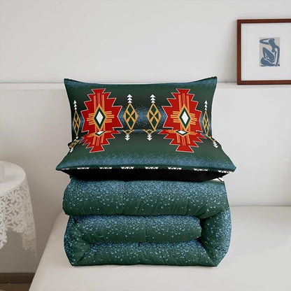 Erosebridal Southwestern Aztec Queen Comforter Set, Rustic Western Bedding Set, Exotic American Native Bedding Comforter Sets for Boys Teens Men Bedroom, Vintage Bohemian Geometric Quilt, Red Green