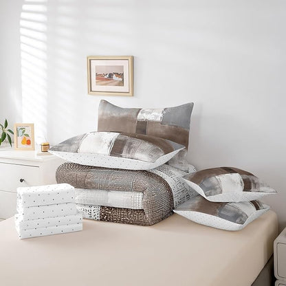 Erosebridal Brown White Grey Bed in a Bag 7 Pieces Graffiti Bedding Comforter Sets with Flat Sheet and Fitted Sheet, Watercolor Queen Bedding Sets with Pillowcases and Throw Pillow Covers