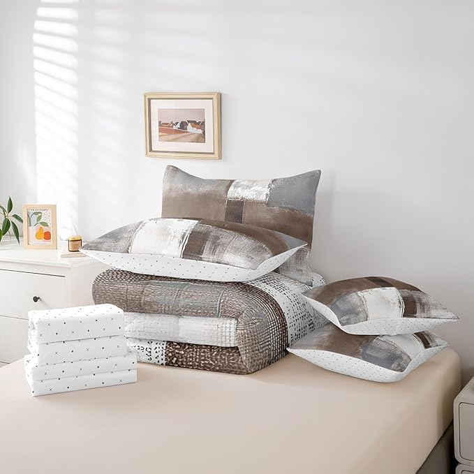 Erosebridal Brown White Grey Bed in a Bag 7 Pieces Graffiti Bedding Comforter Sets with Flat Sheet and Fitted Sheet, Watercolor Twin Bedding Sets with Pillowcases and Throw Pillow Covers