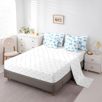 Erosebridal Kawaii Cute Girls Bowknot Blue King 7-Piece Comforter Set | Lace Dreamy Sheets and Pillowcases Princess Bed in A Bag Bow Kids Bed Sets