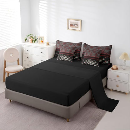 Red Damask Full Size Bed Sheets and Comforter Set | Victorian Decor Gothic Vintage Floral 7 Piece Bedding Set Luxury Black Diamond Texture Pattern Bohemian Bed in a Bag, Baroque Goth Room Decor