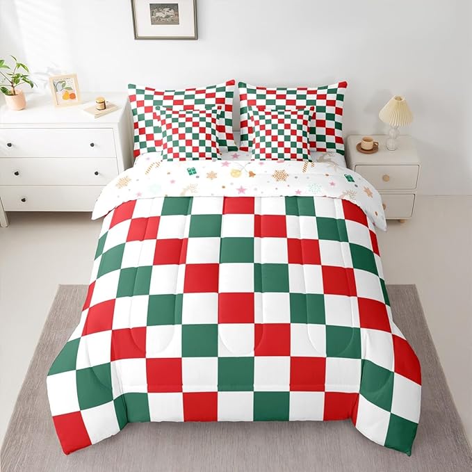 Feelyou Checkered Christmas Comforter Set with Sheets 7 Piece King Size Red Green Plaid Bedding Set for Kids Boys Girls Geometric Vintage Bed in a Bag Modern Simple Groovy Aesthetic Room Decor Soft