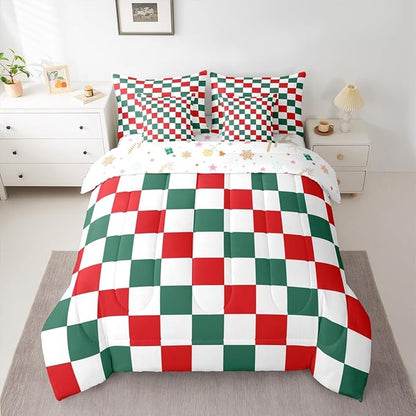 Feelyou Checkered Christmas Comforter Set with Sheets 7 Piece King Size Red Green Plaid Bedding Set for Kids Boys Girls Geometric Vintage Bed in a Bag Modern Simple Groovy Aesthetic Room Decor Soft