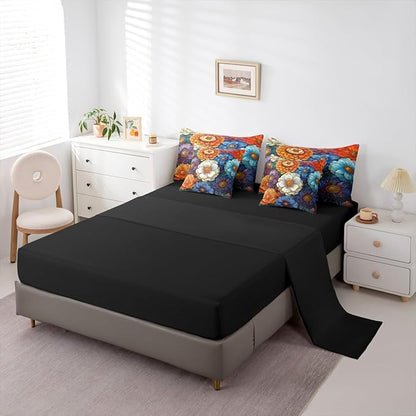 Erosebridal Floral King Comforter Set Boho Flowers 7-Piece Bed in A Bag Garden Pony Rainbow Colorful Dreamy Sheets and Pillowcases Gold White Bed Sets
