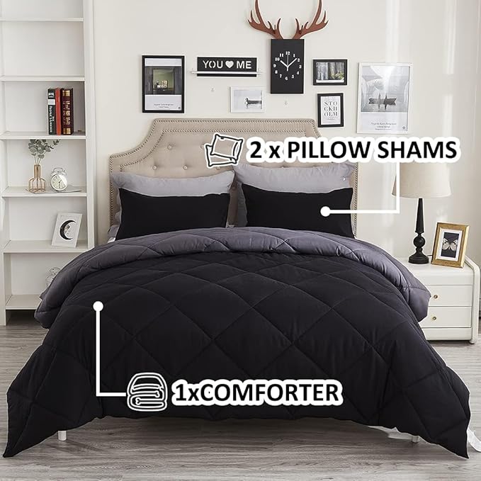 Twin Comforter Set Black - 3 Pieces Luxury Soft and Lightweight Down Alternative Bedding Set Fluffy Blanket Quilt for All Season 1 Comforter(68"×86") & 1 Pillow Sham(20"×26")