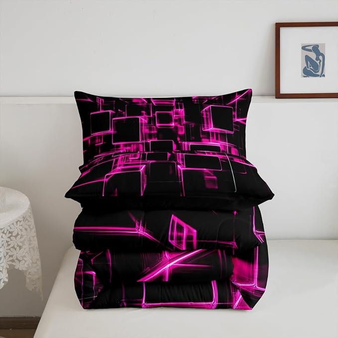 Erosebridal Girly Pink and Black Kids Comforter Set, Modern Abstract Geometric Square Bedding Sets for Boys Girls Gradient Neon Light Honeycomb Duvet Insert Queen with 2 Pillowcases