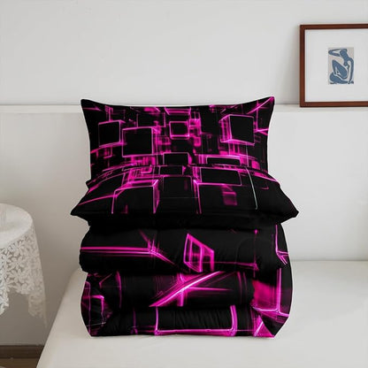Erosebridal Girly Pink and Black Kids Comforter Set, Modern Abstract Geometric Square Bedding Sets for Boys Girls Gradient Neon Light Honeycomb Duvet Insert Queen with 2 Pillowcases