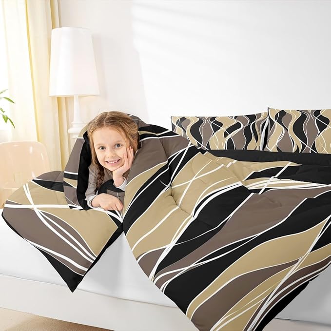 Erosebridal Black Brown Modern Bedding Sets Queen Abstract Art Comforter Set, Multicolor Stripe Down Comforter Geometric Bed Set, Lines Quilted Duvet Luxurious Kids Teen Aults Room Decor