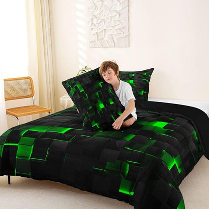 Erosebridal Black Green Comforter Set King Neon Geometric Checkered Bedding Set for Kids Boys Gaming Room Decor,Teen Men Abstract Stereoscopic Grids Quilt Square Plaid Check Bed Set 3 Pcs