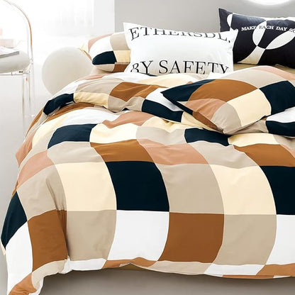 CLOTHKNOW Plaid Full Size Comforter Set 3Pcs Brown Beige Grid Bedding Comforter Sets Beige Khaki Black Checkered Comforter Colorful Grid Comforter Sets Full