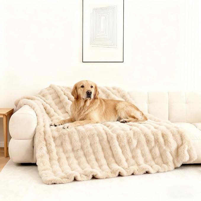 Waterproof Dog Blanket for Sofa Bed Couch, Couch Cover Blanket Fluffy Faux Rabbit Fur Reversible Furniture Protection, Pet Blanket for Medium Large Dogs Cats
