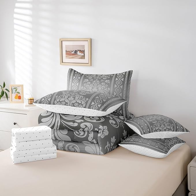 Comforter Set Queen Size, Light Grey Damask Aztec 7 Pcs Bedding for Kids and Adults, Antique Decor Western Baroque Gothic Bed Sheet Sets with Fitted Sheet 2 Pillowcases & 2 Shams for Bedroom Bed Decor
