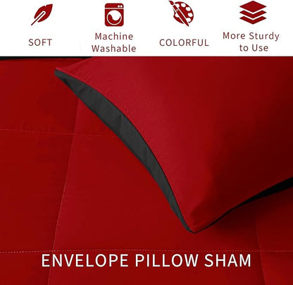 Exclusivo Mezcla Lightweight Reversible Queen Size Comforter Set, Down Alternative Comforter with 2 Pillow Sham, Queen Size Bedding Set for All Seasons, Red/Black