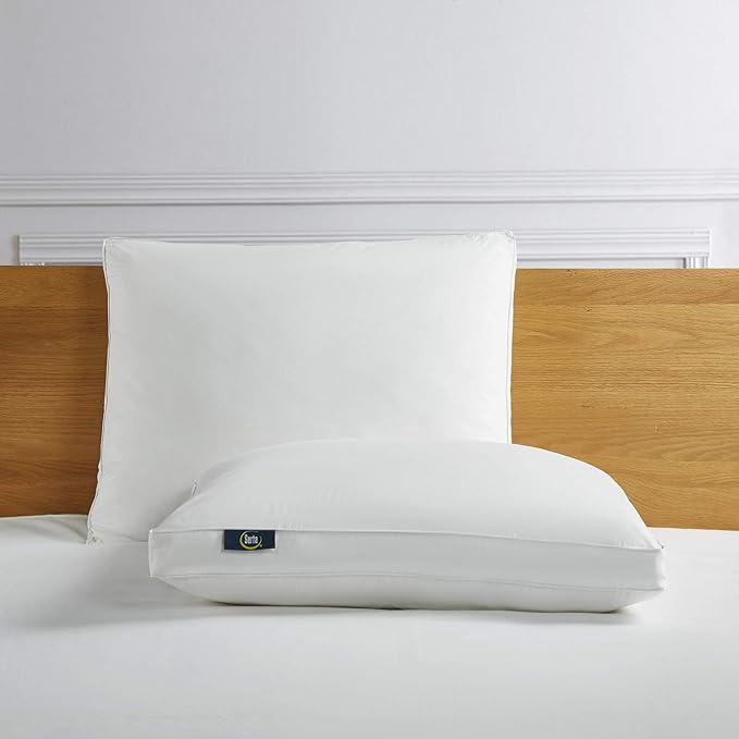 Serta 233 Thread Count White Goose Feather Down Fiber Pillows with Gusseted Supportive King Size Pillows Set of 2 Pack 100% Cotton Hotel Collection Bed Pillow for Side Sleeper