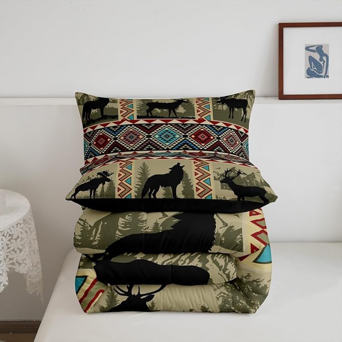 Western Bedding Sets King for Boys,Wolf Comforter Set Moose Elk Deer Quilt Exotic Tribal Southwestern Native Geometric Aztec Duvet Insert,Vintage Woodland Wild Animal Room Decor
