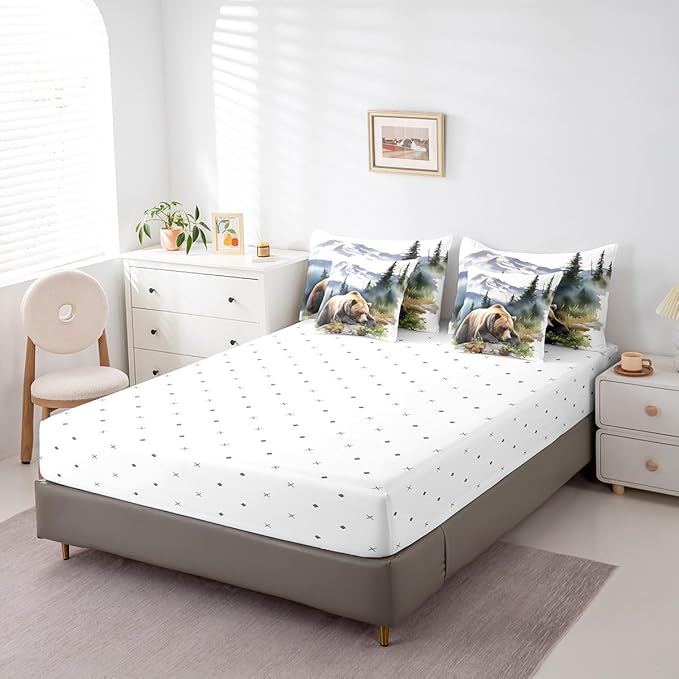 7Pcs Rustic Bear Print Comforter Set With Sheets, King Size Funny Brown Bear Bedding Bed In A Bag, Farmhouse Cabin Bed Set For Boys Kids Teens Watercolor Country Style Wild Animal Comforter