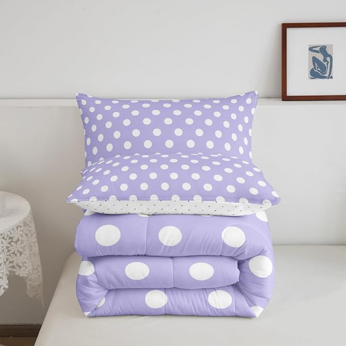 Manfei Polka Dots Comforter Set King Size,Cartoon French Style Princess Purple White Bedding Set 3 Pcs for Women,Modern Geometric Circles Abstract Simple Art Comforter,2 Pillowcases