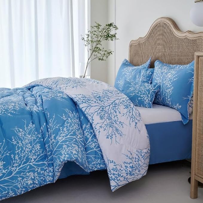Spirit Linen 5 pcs Twin Comforter Set - Cozy Deep Sleep Microfiber Bedding Comforter Sets with Foliage Designed - Twin Bedding Sets with Pillow Shams (Light Blue, Twin)