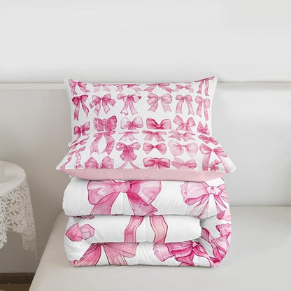 Castle Fairy Pink Bow Comforter Set King Size,Pink Grid Bedding Set 3Pcs for Kids Teens Adults Room Decor,Cute Bow Down Comforter Fashion Preppy Bedding Comforters,2 Pillowcases