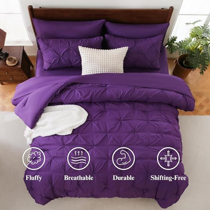 Sheet&Joy King Size Comforter Set, 7-Piece Bed in a Bag, Pintuck Bedding Set for All Season, Includes Comforter, Flat Sheet, Fitted Sheet, Pillowcases and Pillowshams, Purple