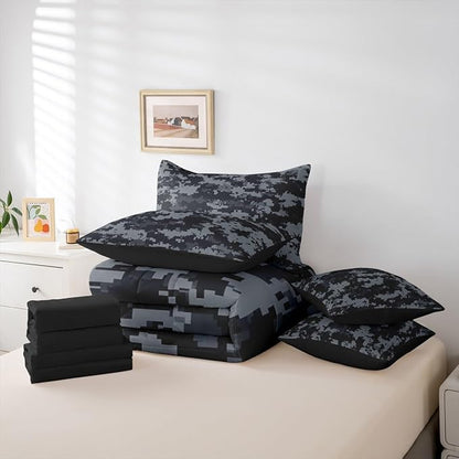 Miner Theme 7 Piece Comforter Set Queen Size,Grey Black Camo All Season Reversible Bed in a Bag Pixel Grid Bedding Sets Abstract Geometric Flat Sheet,Fitted Sheet,Pillowcases