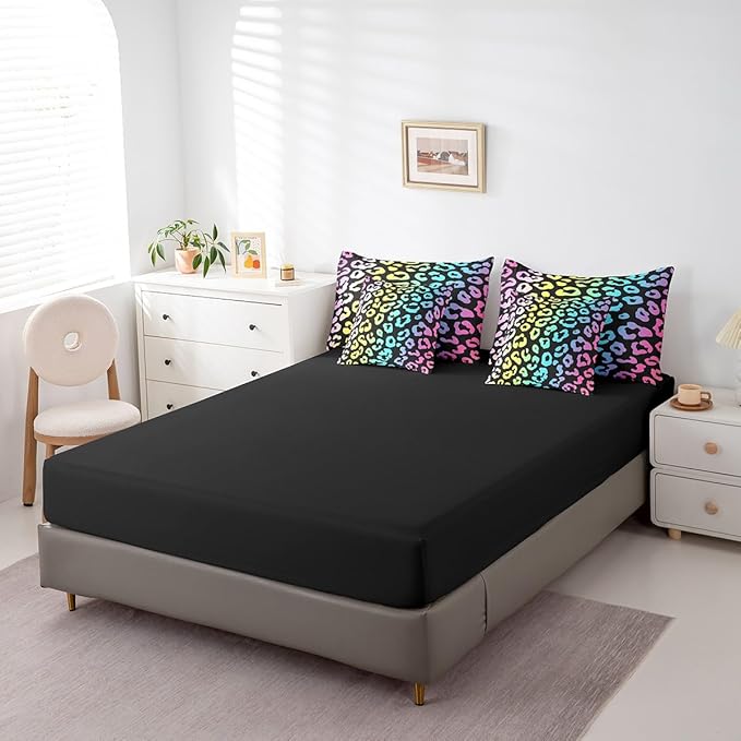 Leopard Print Comforter Set 7 Pieces,Rainbow Cheetah Print Bed Set,Colorful Wild Animal Skin Print Bedding Set for Kids,Queen (1 Comforter,2 Pillowcase,2 Pillow Covers,1 Flat Sheet,1 Fitted Sheet)