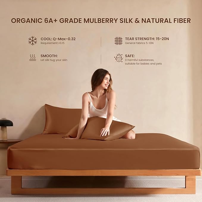 THXSILK Luxury Mulberry Silk Bed Sheets Set - 4pcs Silk Sheets Set 16" Deep Pocket - 1 Fitted Sheet, 1 Flat Sheet, 2 Pillowcases with Zipper Closure - Full, Brown