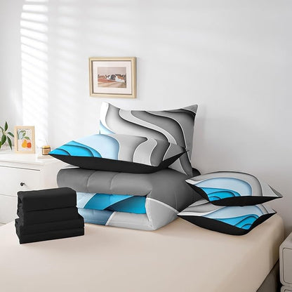 Erosebridal Grey Blue Gradient Bedding Twin Size 7-Piece for All Ages Geometric Stripe Comforter Set, Aesthetic Wave Bedding Comforter Sets Modern Abstract Bed in a Bag, Ombre Bedding Accessories