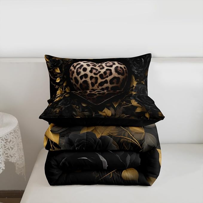 Erosebridal Leopard Love Heart Full Size Comforter Sets for Kids Boys Girls,Botanical Leaves Bedding Set,Black Roses Duvet Insert,Farmhouse Rustic Quilt Bedroom Decor