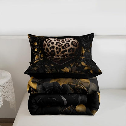 Erosebridal Leopard Love Heart Comforter King Size for Kids Teens Adults,Botanical Leaves Bedding Set,Black Roses Duvet Insert,Farmhouse Rustic Quilt Bedroom Decor