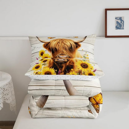 Feelyou Highland Cow Comforter Set Toddler Size Highland Cattle Comforter for Boys Girls Teens Animal Bedding Set Wildlife Duvet Set Room Decor Yellow Beige Quilt Set