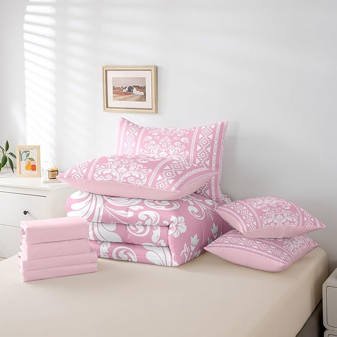 Comforter Set Full Size, Pink Aztec Damask 7 Pcs Bedding for Kids and Adults, Western Bohemian Goth Floral Victorian Bed Sheet Sets with Fitted Sheet 2 Pillowcases & 2 Shams for Bedroom Bed Decor