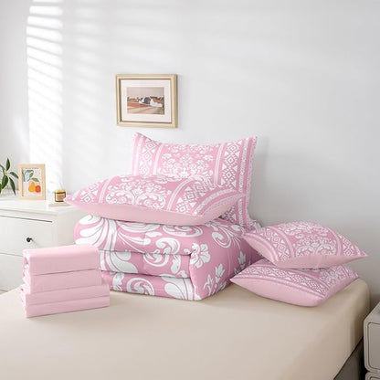 Comforter Set King Size, Pink Aztec Damask 7 Pcs Bedding for Kids and Adults, Victorian Decor Western Baroque Goth Floral Bed Sheet Sets with Fitted Sheet 2 Pillowcases & 2 Shams for Bedroom Bed Decor