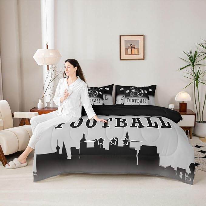 Erosebridal Football City Bed in A Bag Ball Sports Game 7 Piece Bedding Set American Soccer Sports Rugby Comforter Set with Sheets Twin Size for Kids Teen Adults,Black Grey Ombre Bed Set