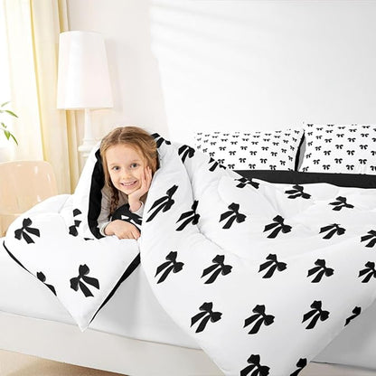 Erosebridal Black Bow Comforter Set Toddler Size Coquette Bows Bedding Set for Kids Teen Girls Women Bedroom Cute Preppy Bowknot Comforter Modern Trendy Girly Aesthetic Quilt Duvet