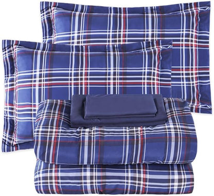 EMME Queen Comforter Set with Sheets, 7 Piece Queen Size Bedding Sets, All Season Plaid Bedspread Bed Set with 1 Comforter, 1 Flat Sheet, 2 Pillowcases and 2 Pillow Shams