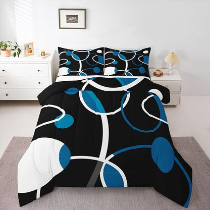 Erosebridal Aesthetic Circles Bedding King Modern Comforter Set for All Ages, Geometric Stripe Bedding Sets Abstract Artwork Duvet Set White Blue Black Geometric Quilted Comforter Luxury 3pcs