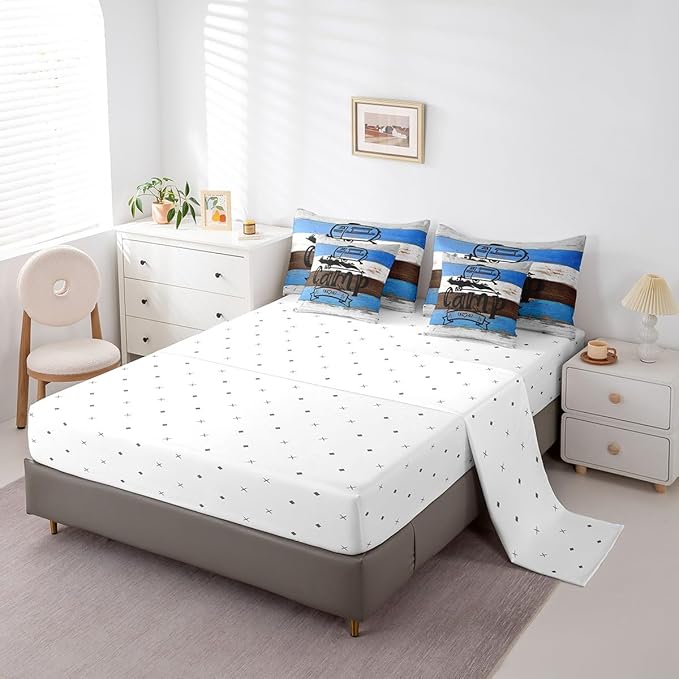 Erosebridal King 7Pcs Happy Camping Comforter Set Bed in a Bag Rv Camper Rules Comforter Set with Wooden Style Sheets(1 Comforter, 1 Flat Sheet 1 Fitted Sheet 2 Pillowcases and 2 Throw Pillow Covers)